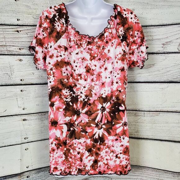 Susan Lawrence Pink Floral Smocked Top XL Short Sleeve Stretch - Picture 5 of 7